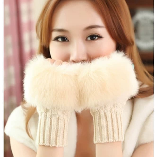 Găng Tay Nữ Bao Tay nữ len lông thỏ hở ngón dona21012103 Trắng