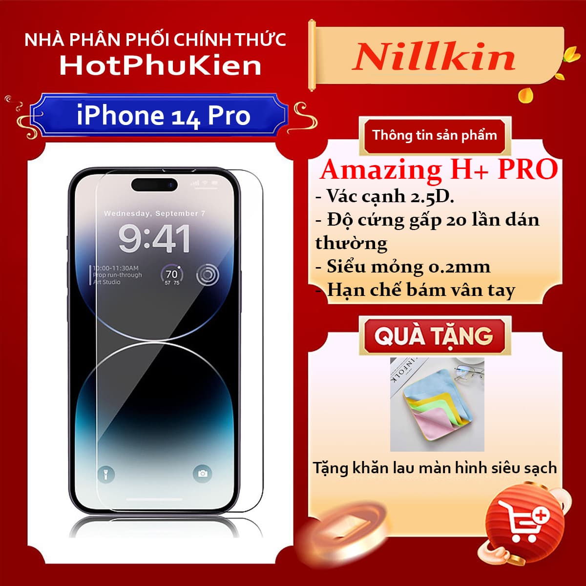 Miếng dán kính cường lực cho iPhone 14 Pro 6.1 inch Nillkin Amazing H Promỏng 0.2 mm vát cạnh 2.5D chống trầy chống va đập hàng nhập khẩu