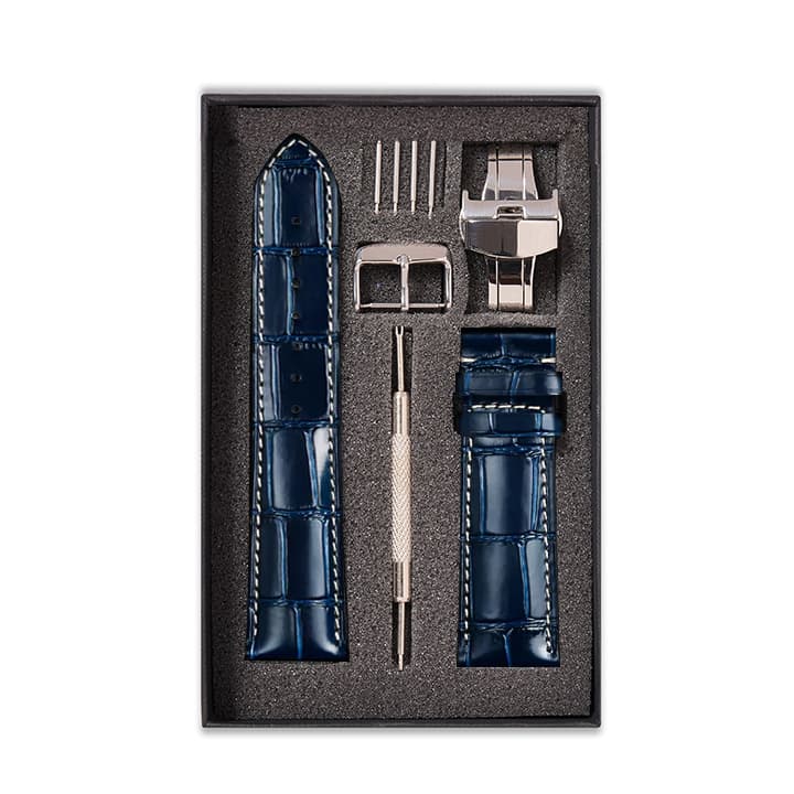 Dây đồng hồ Handmade Da Cá Sấu Navy Chỉ Trắng Size 2022mm Dây Đeo Da Cá Sấu Thật 100 Khóa Cài Bướm Bạc 2018mm