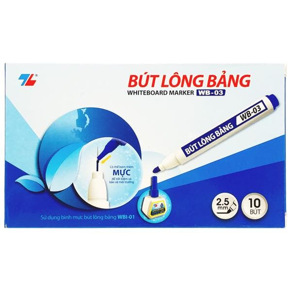 Hộp 10 Bút Lông Bảng 2.5 mm Thiên Long WB 03 Mực Xanh