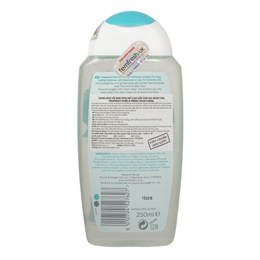 Dung dịch vệ sinh Anh Femfresh pure &fresh wash giúp làm sạch sẽ thơm mát ngăn ngừa viêm ngứa nấm phụ khoa QuaTangMe Extaste Pure &Fresh Wash 250mlchai