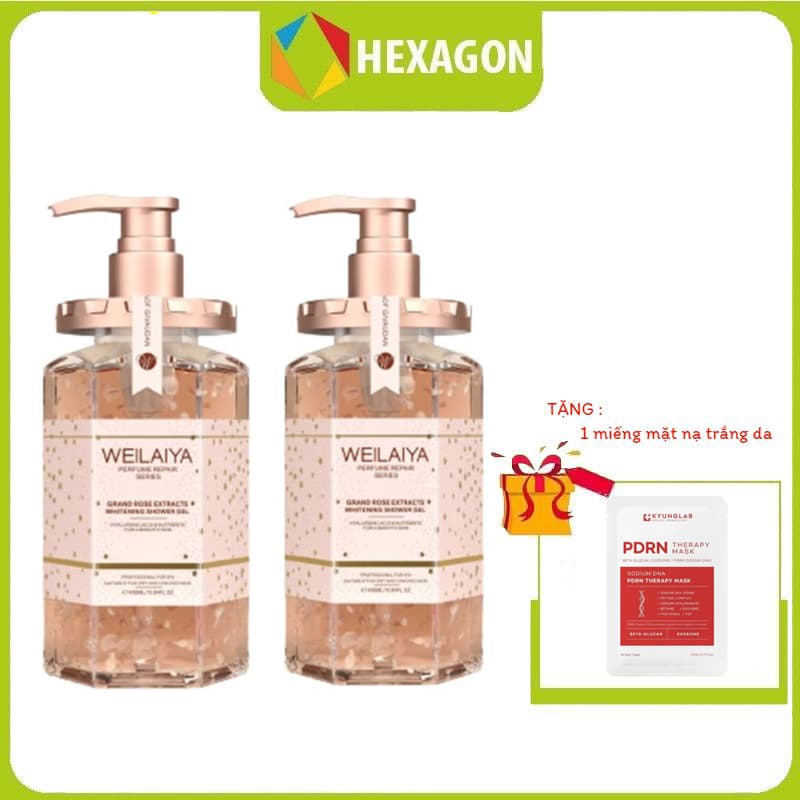 Combo 2 chai Sữa tắm trắng da cánh hoa hồng Damask Weilaiya Grand Rose Extracts Whitening Shower Gel 450ml tặng 1 Bông tắm Weilaiya