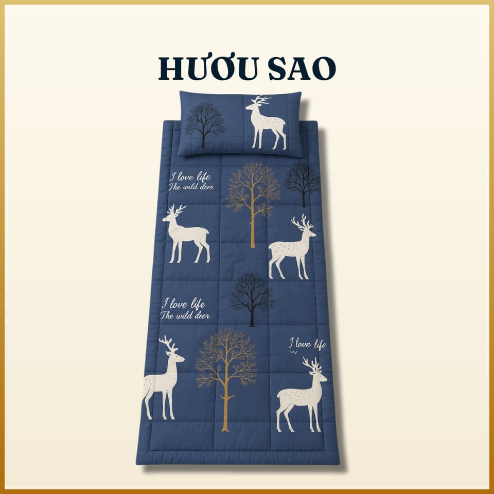 Combo nệm ngủ trưa văn phòng cao cấp A 80x190cm 1 gối hơi 35 x 50 cm tặng kèm 1 vỏ gối cotton poly cùng màu Hươu sao