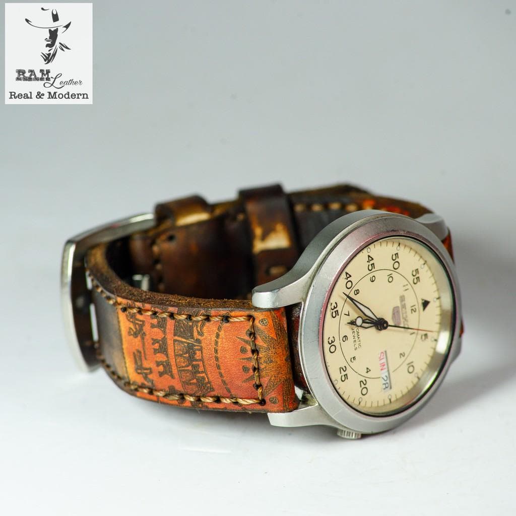 Dây đồng hồ da bò vegtan thảo mộc cao cấp RAM Leather trống đồng nâu medium bền chắc tặng khóa chốt và cây thay dây 18MM