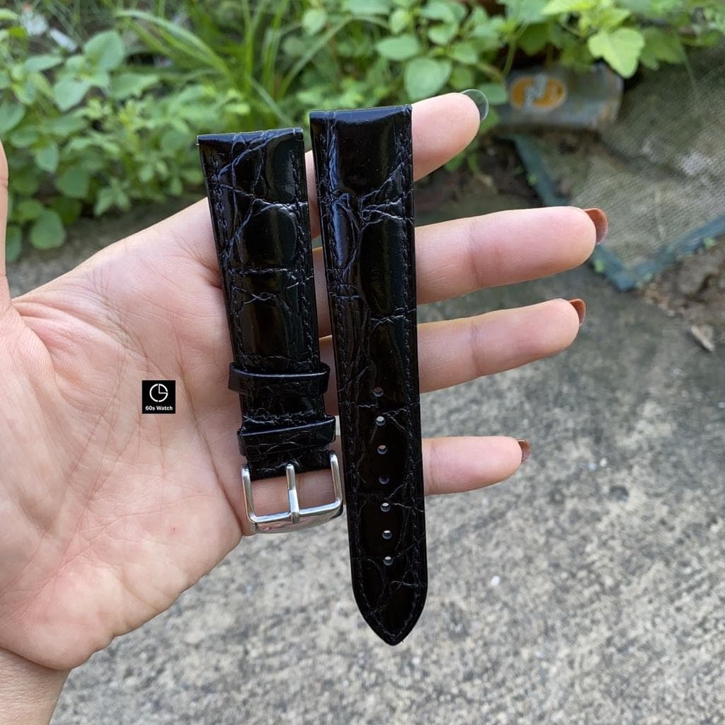Dây đồng hồ Size 18mm 20mm 22mm da cá sấu xịn hàng Việt Nam tặng kèm phụ kiện Da Đen Khoá Bạc 22mm