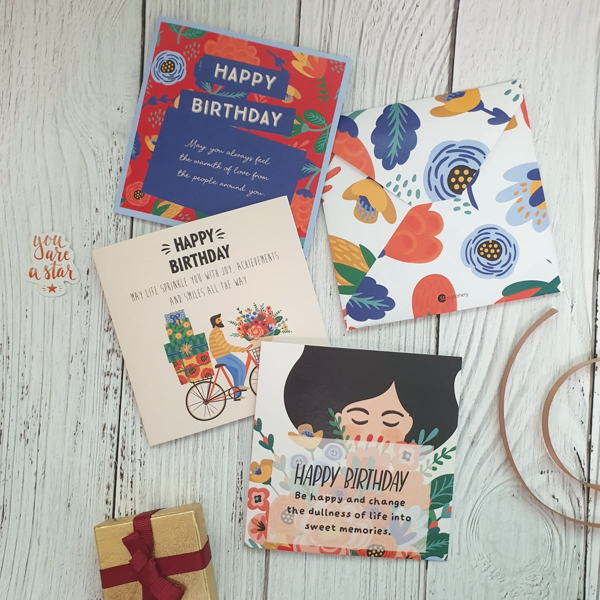 Thiệp chúc mừng sinh nhật 12x12 SDstationery BOUQUET họa tiết hiện đại màu sắc rực rỡ Set 3 thiệp