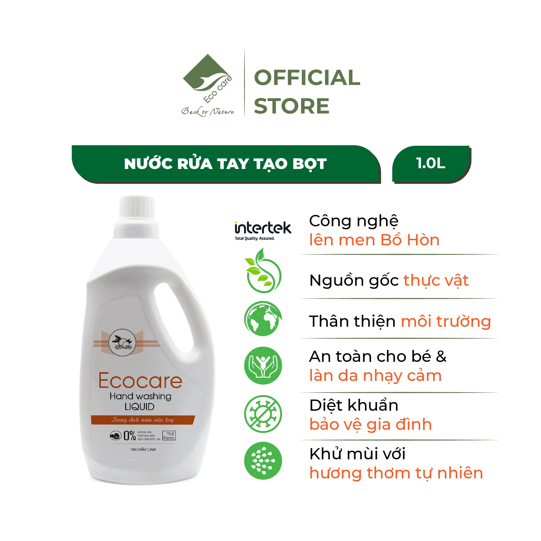 Nước rửa tay hữu cơ diệt khuẩn dạng bọt hương Cam 1000ml thương hiệu Ecocare tặng kèm vỏ tạo bọt