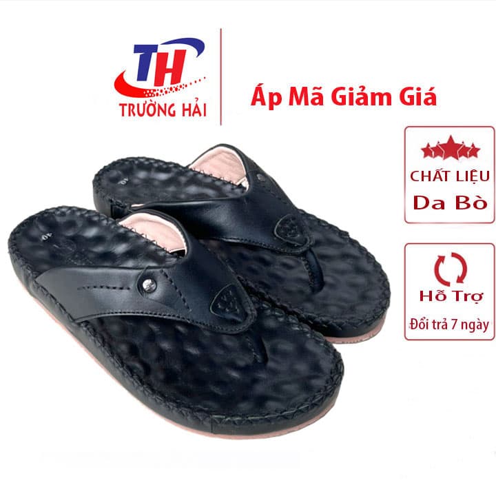 Dép nam xỏ ngón da bò màu đen may viền Trường Hải XN159 Đen 38