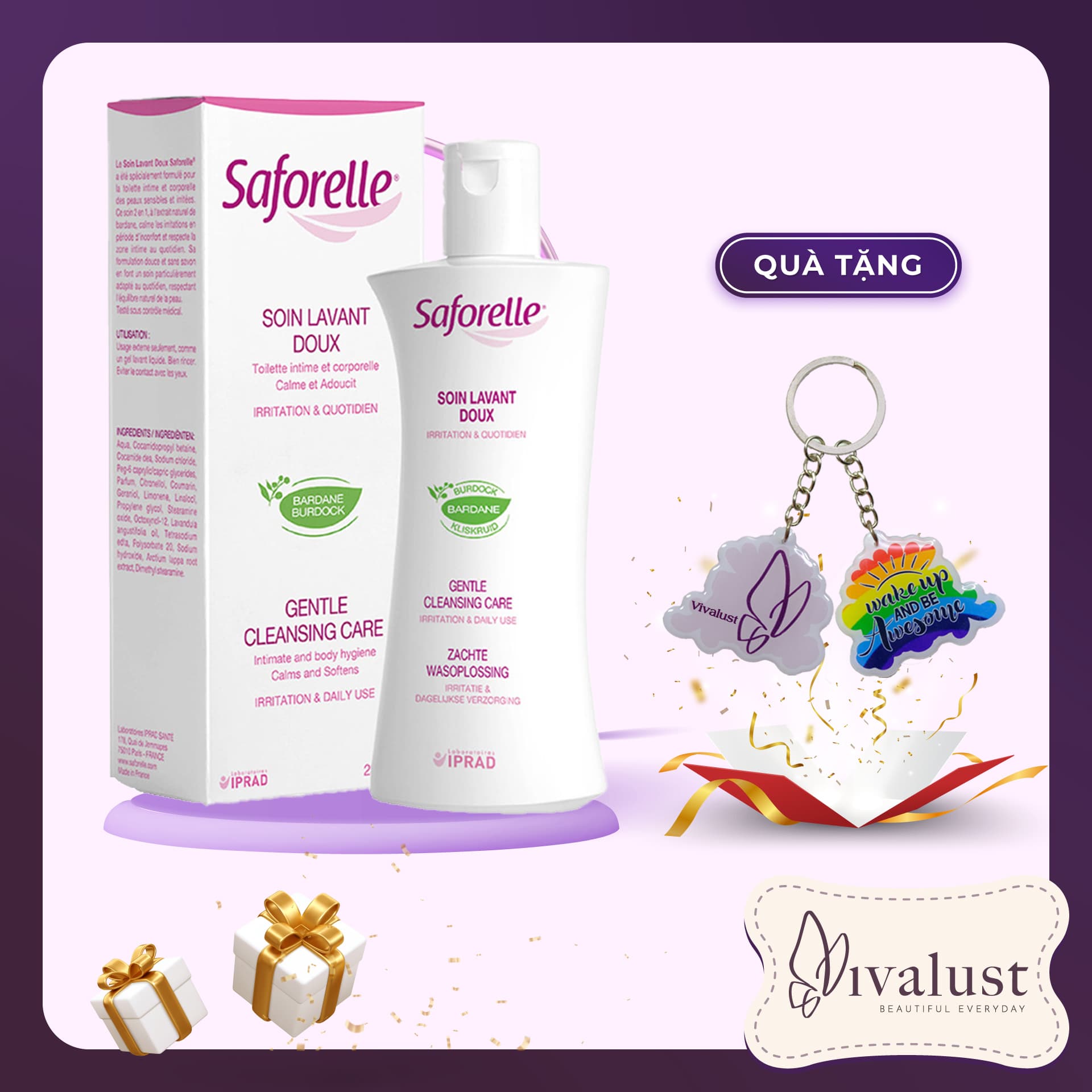 Dung Dịch Vệ Sinh SAFORELLE Gentle Cleansing Care 250ml Tặng 1 Móc Khóa Nhựa 2 Mặt