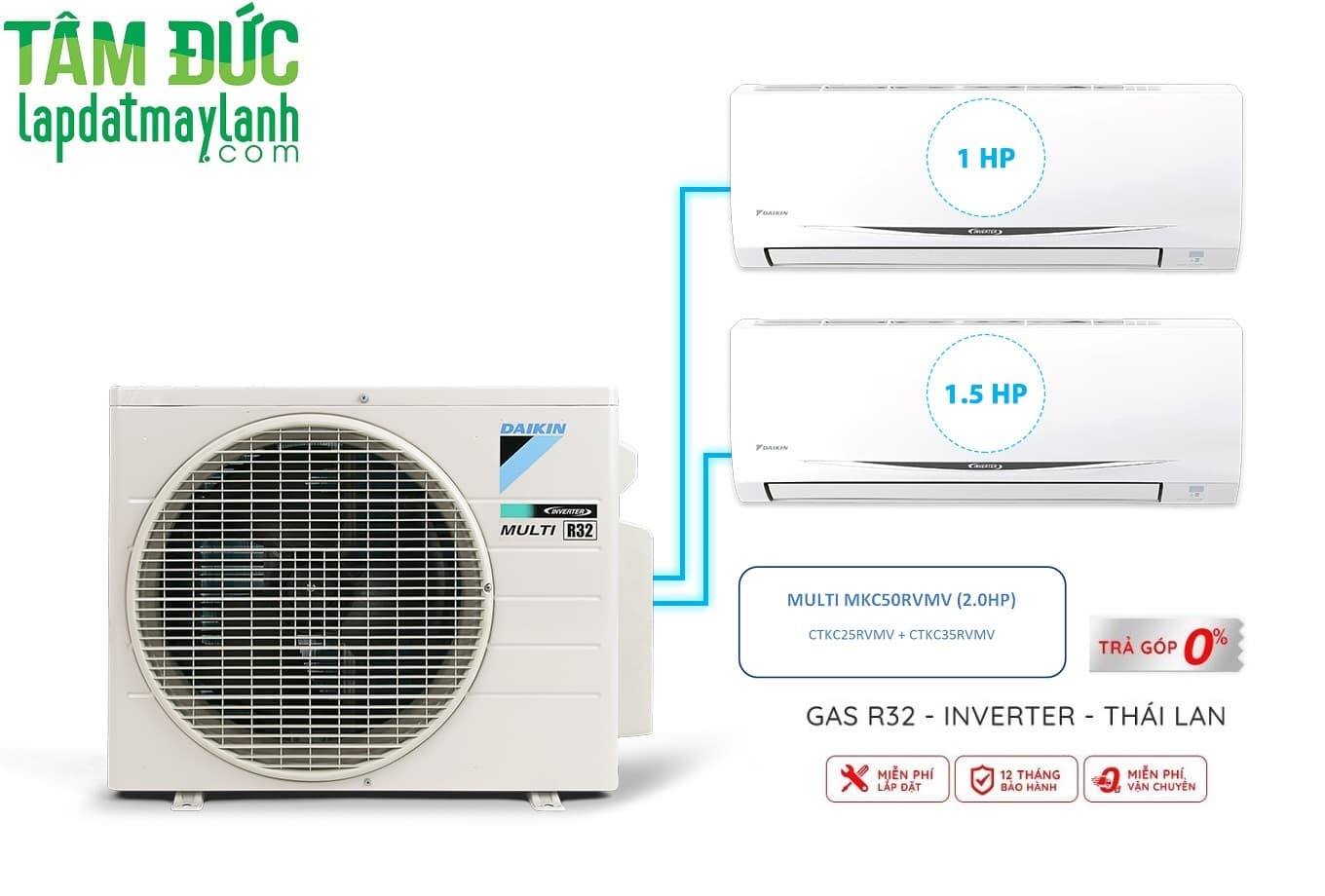Hệ Thống Máy Lạnh Multi S Daikin Inverter Combo 2HP 02 dàn lạnh 1.0HP 1.5HP MKC50RVMVCTKC25RVMVCTKC35RVMV Chỉ giao tại TP.HCM