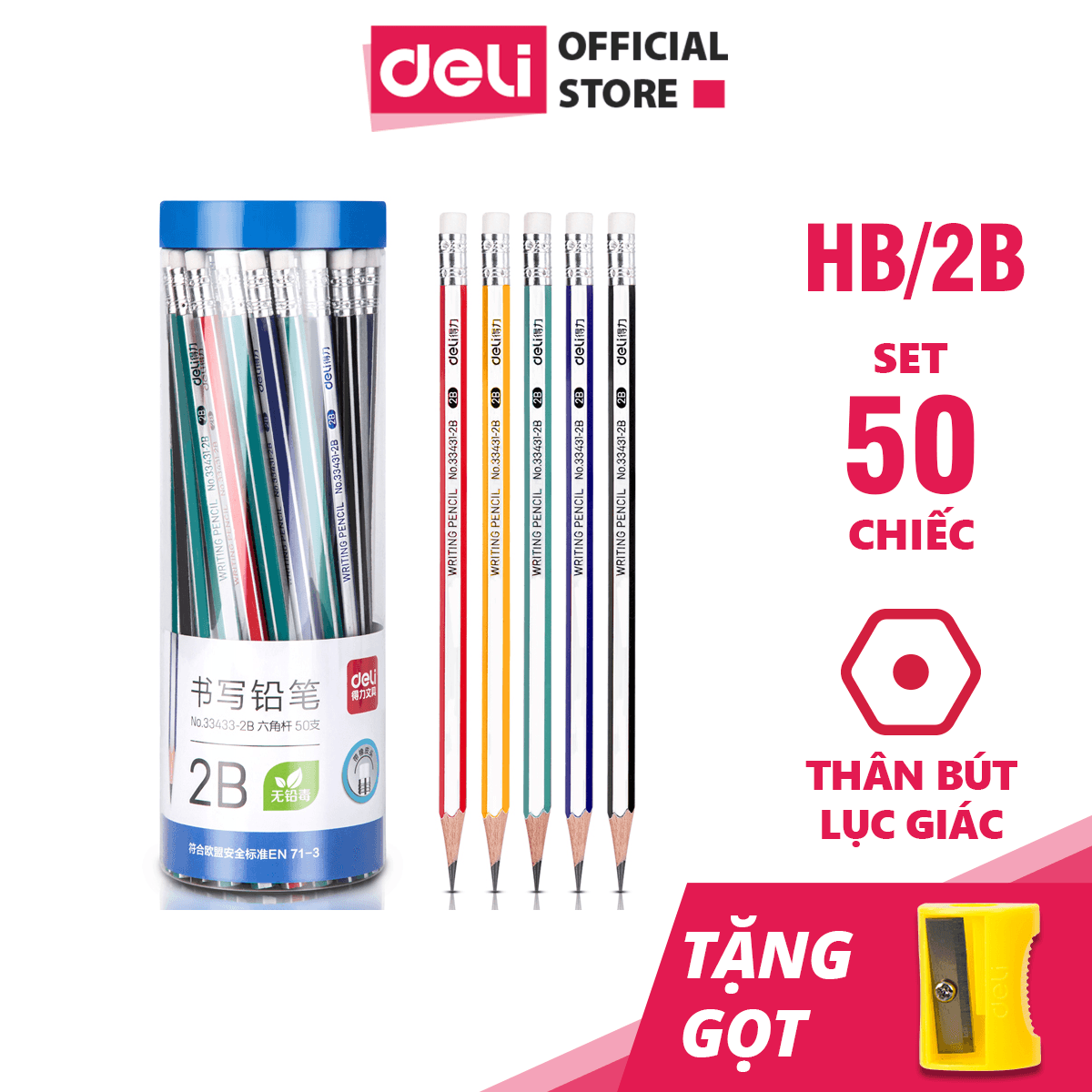 Bút chì 2B HB gỗ tự nhiên Deli Dễ gọt và nhạy với máy chấm thi Kèm tẩy và gọt 10 chiếcvỉ 50 chiếchộp 33431 33433 Hộp 50 chiếc 2B
