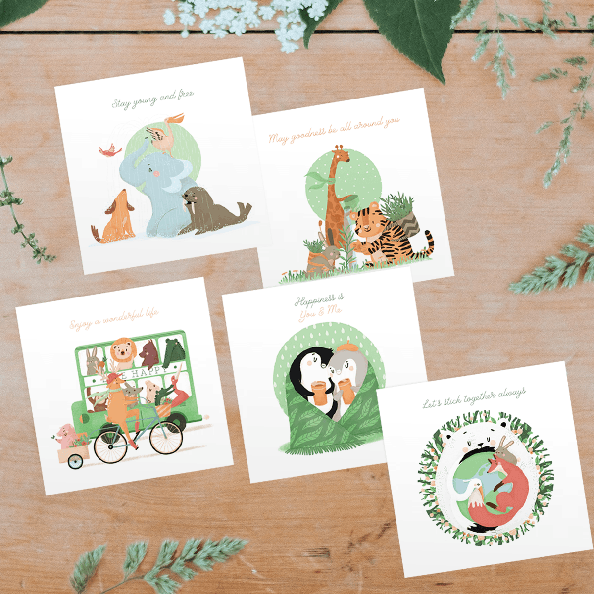 Bộ 5 thiệp vuông 12cm SDstationery LIVE GREEN sinh nhật tình bạn tình yêu chúc mừng truyền cảm hứng
