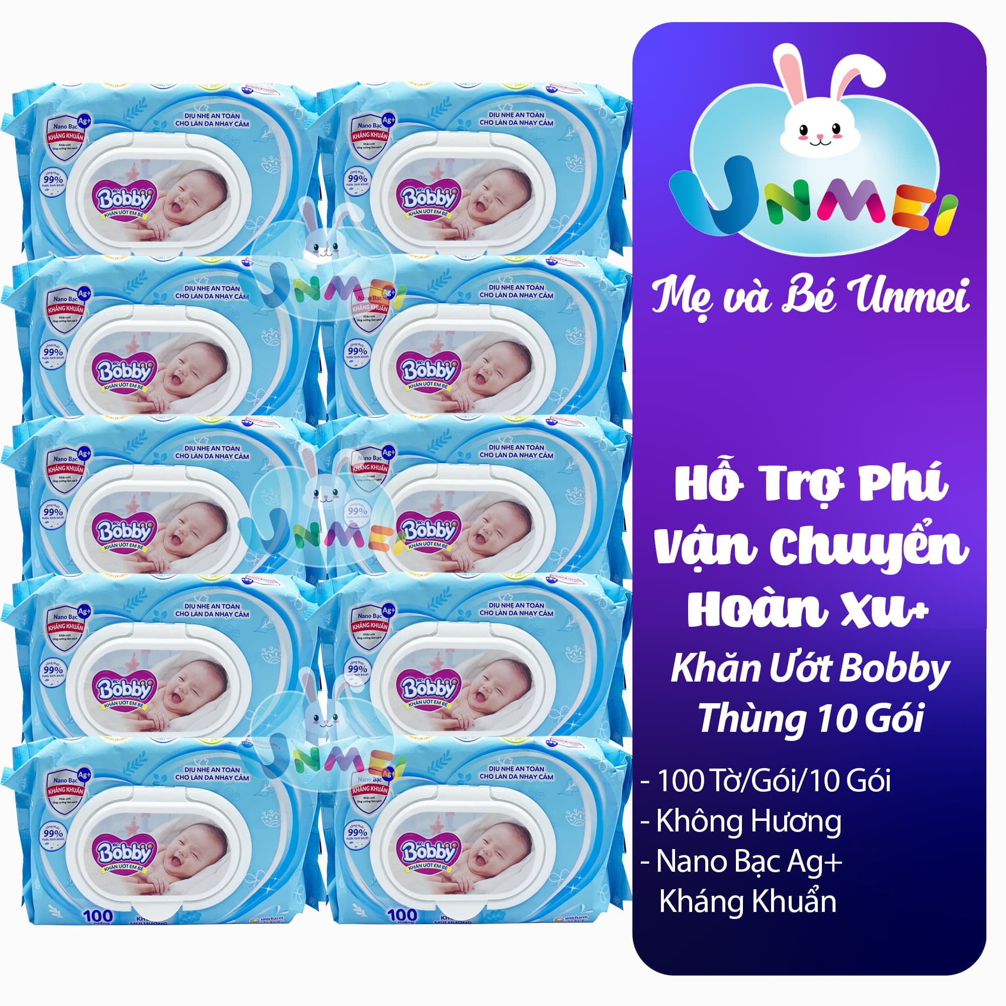 Combo Tiết Kiệm 10 Gói Khăn Ướt Bobby Care Không Hương 100 MiếngGói