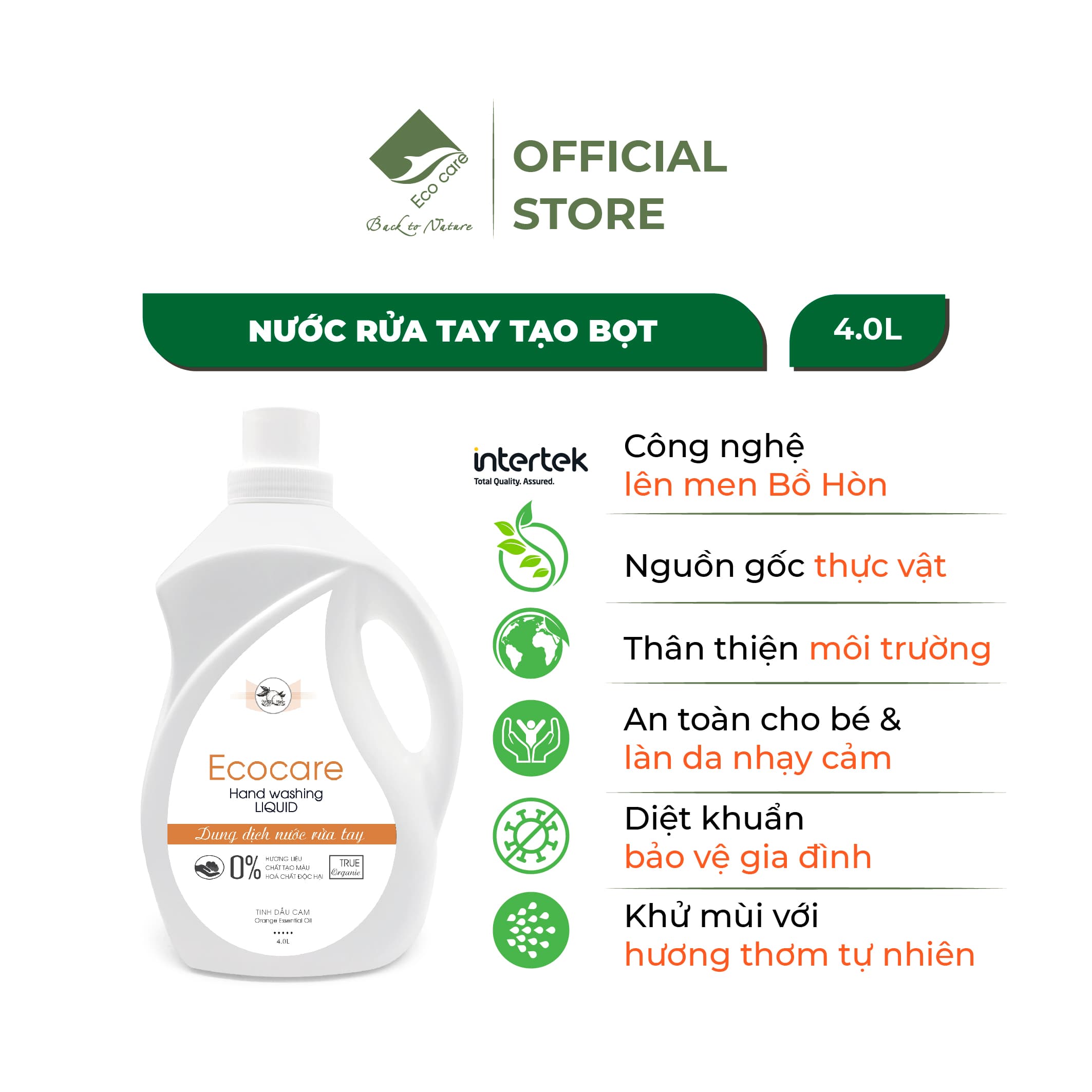 Nước rửa tay hữu cơ diệt khuẩn dạng bọt hương Cam 4000ml thương hiệu Ecocare tặng kèm vỏ tạo bọt