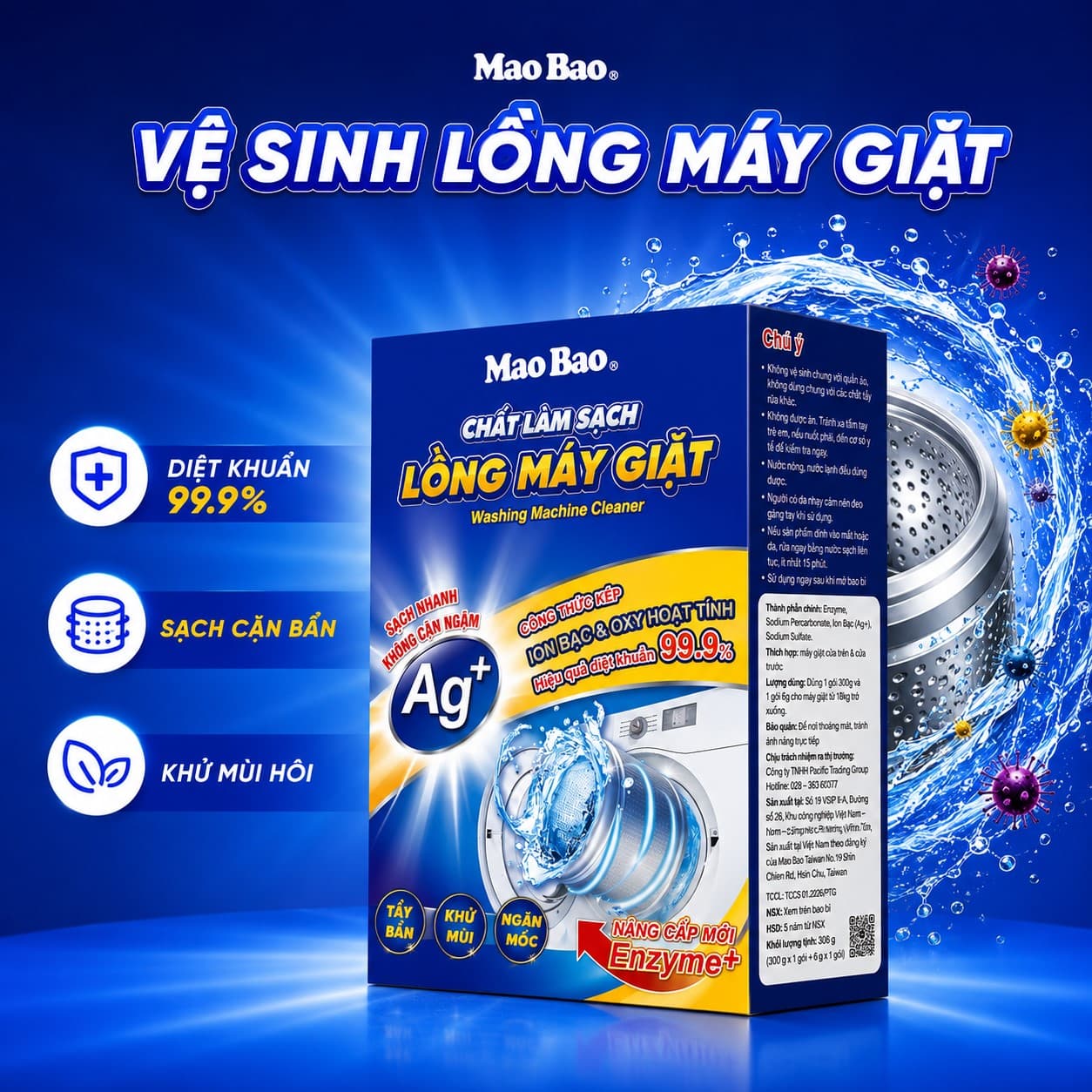 Chất Làm Sạch Lồng Giặt Mao Bao Ion Bạc Nâng Cấp Mới 300g 6g
