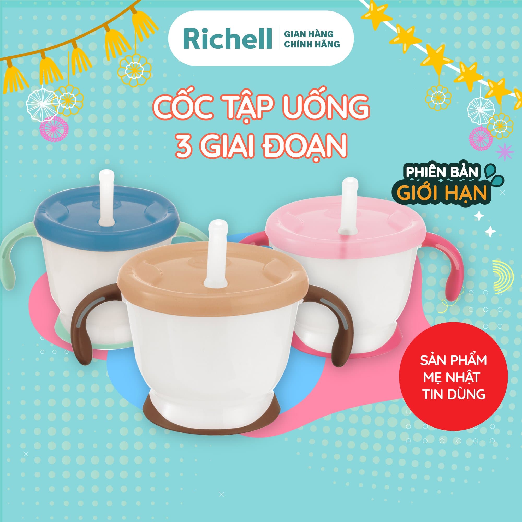 Cốc tập uống 3 giai đoạn AQ Richell Nhật Bản phiên bản châu Á Baby Xanh đại dương
