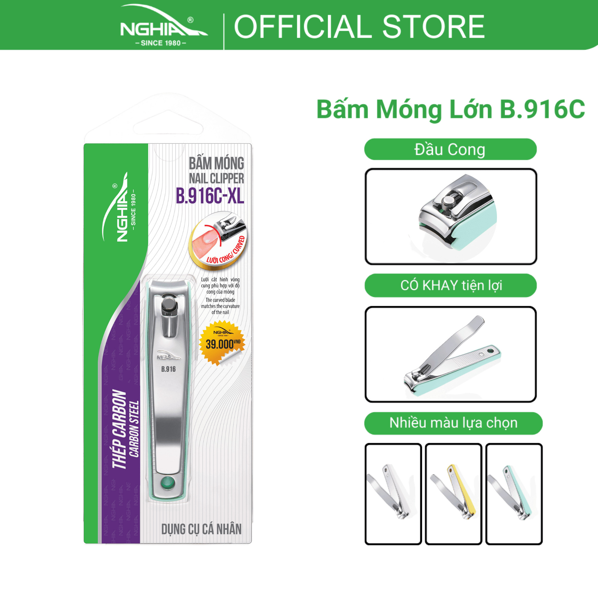 Bấm Móng Tay Thép Carbon Chuyên Dụng KỀM NGHĨA B.916C Lưỡi Cong Loại Lớn Xanh Lá