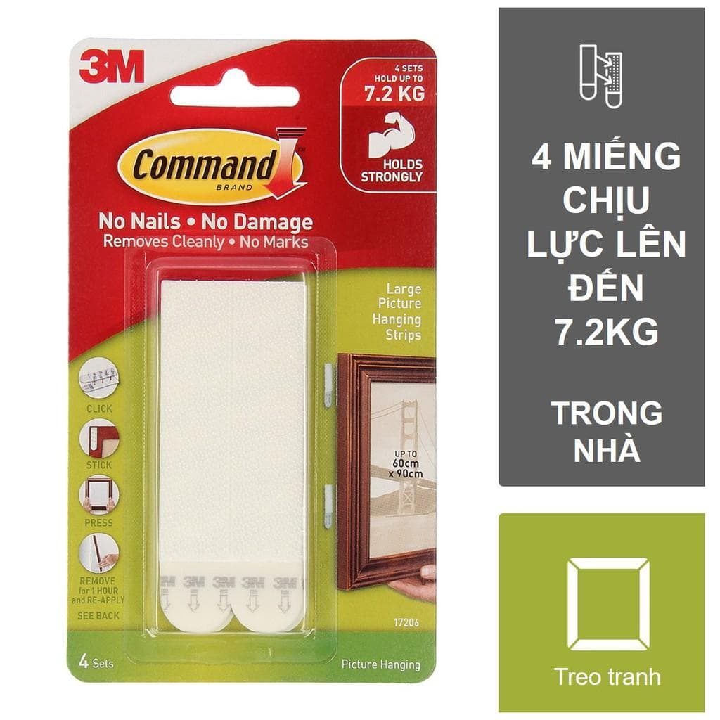 Bộ 8 Miếng dán treo tranh Command 3M tải trọng 7.2kg độ bền cao bám cực chắc tháo cực dễ White 1 vỉ 8 miếng