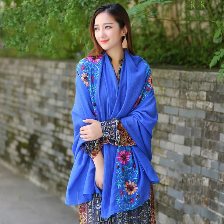 Khăn choàng thêu đa năng phong các vintage dễ thương SKC52 Xanh dương