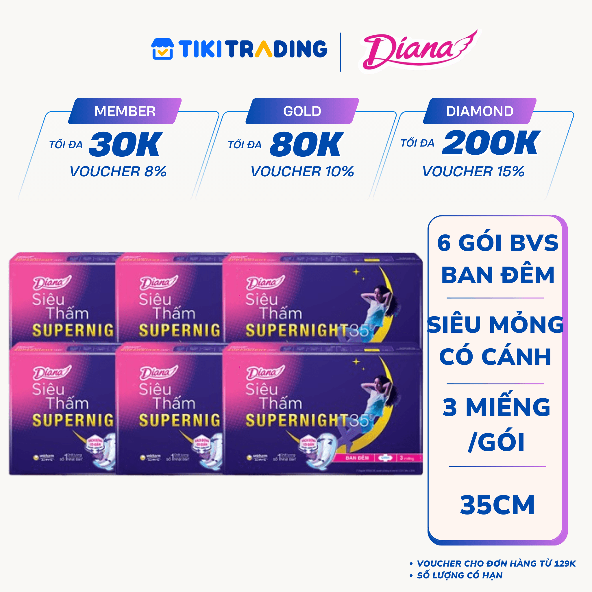 Combo 6 Băng Vệ Sinh Diana Super Night 35cm Gói 3 Miếng