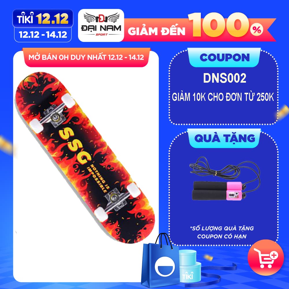 Ván Trượt Đạt Chuẩn Thi Đấu Mặt Nhám Bánh Cao Su 80cm Đại Nam Sport Ngọn lửa đỏ