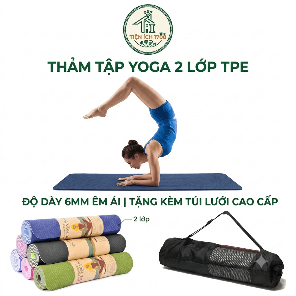 Thảm Tập Yoga TPE 2 Lớp PEAFLO Cao Cấp dày 6mm Kèm Túi Màu ngẫu nhiên