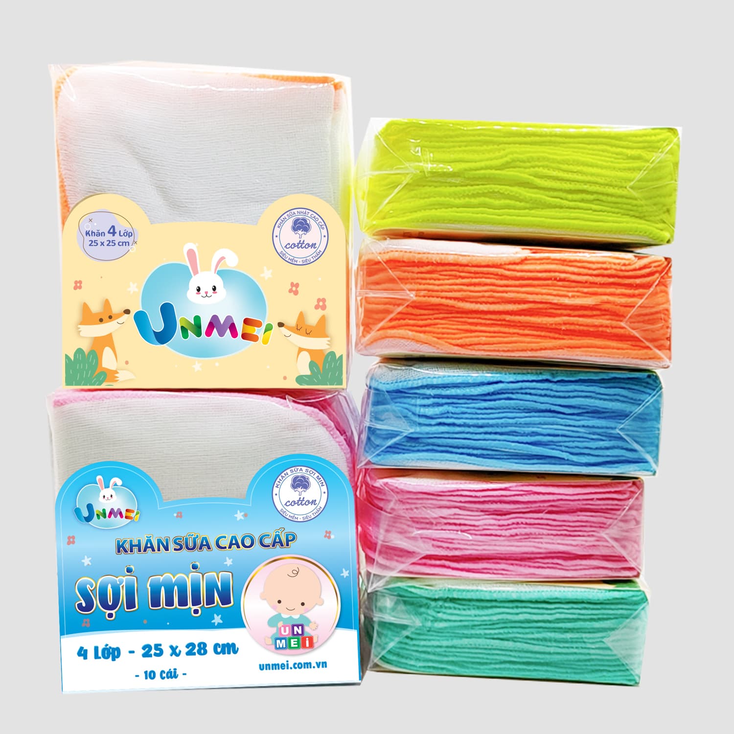 Khăn Sữa 4 Lớp Unmei Xuất Nhật Bịch 10 cái 25x25cm 100 Cotton mềm mại thấm hút tốt 3 Lớp 25x25cm