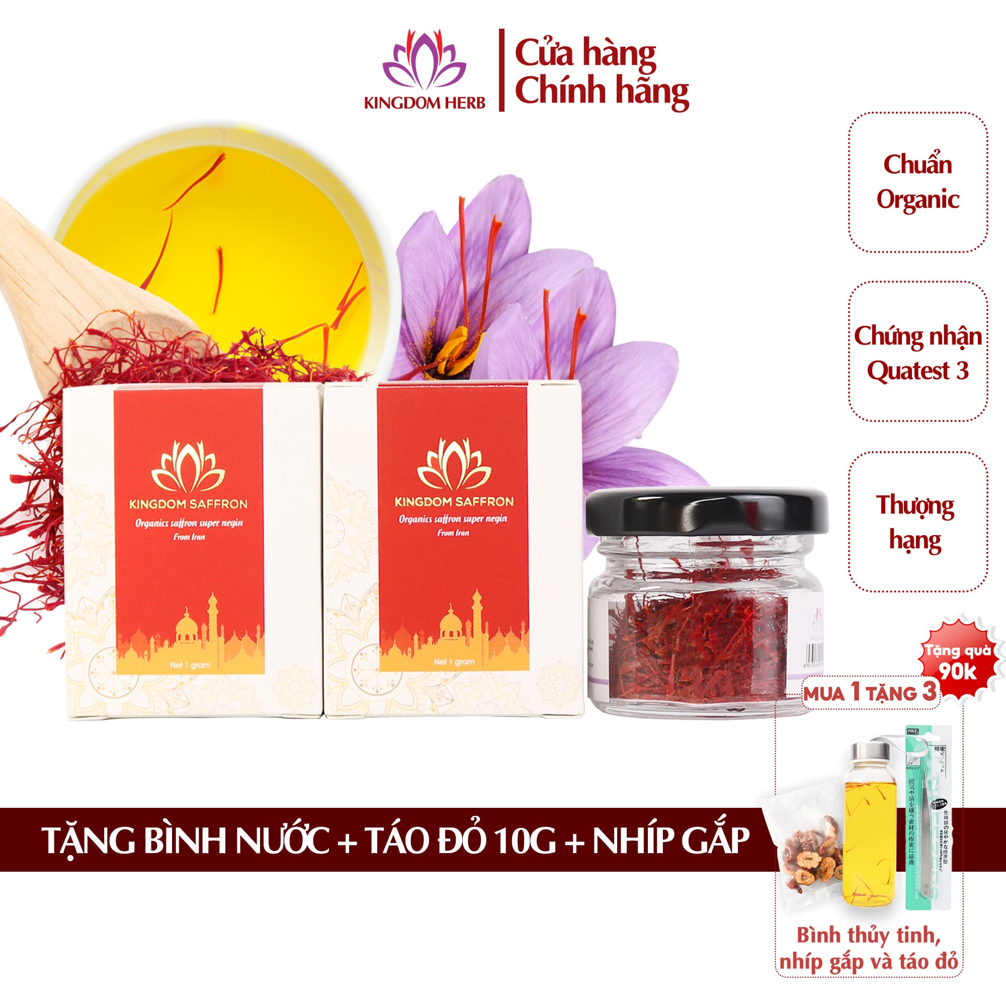 Combo 2 hộp hộp1gr saffron Kingdom Herb nhụy hoa nghệ tây Iran super negin thượng hạng tặng táo đỏ Tân Cương 10g bình thủy tinh và nhíp gắp saffron