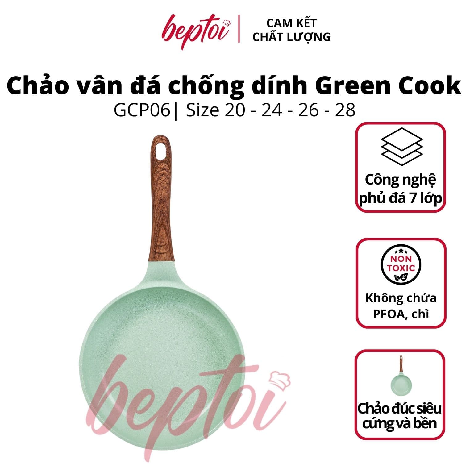 Chảo đúc đáy từ chống dính men đá ceramic xanh ngọc Green Cook GCP06 size 20 24 26 28 cm công nghệ Hàn Quốc Size 26