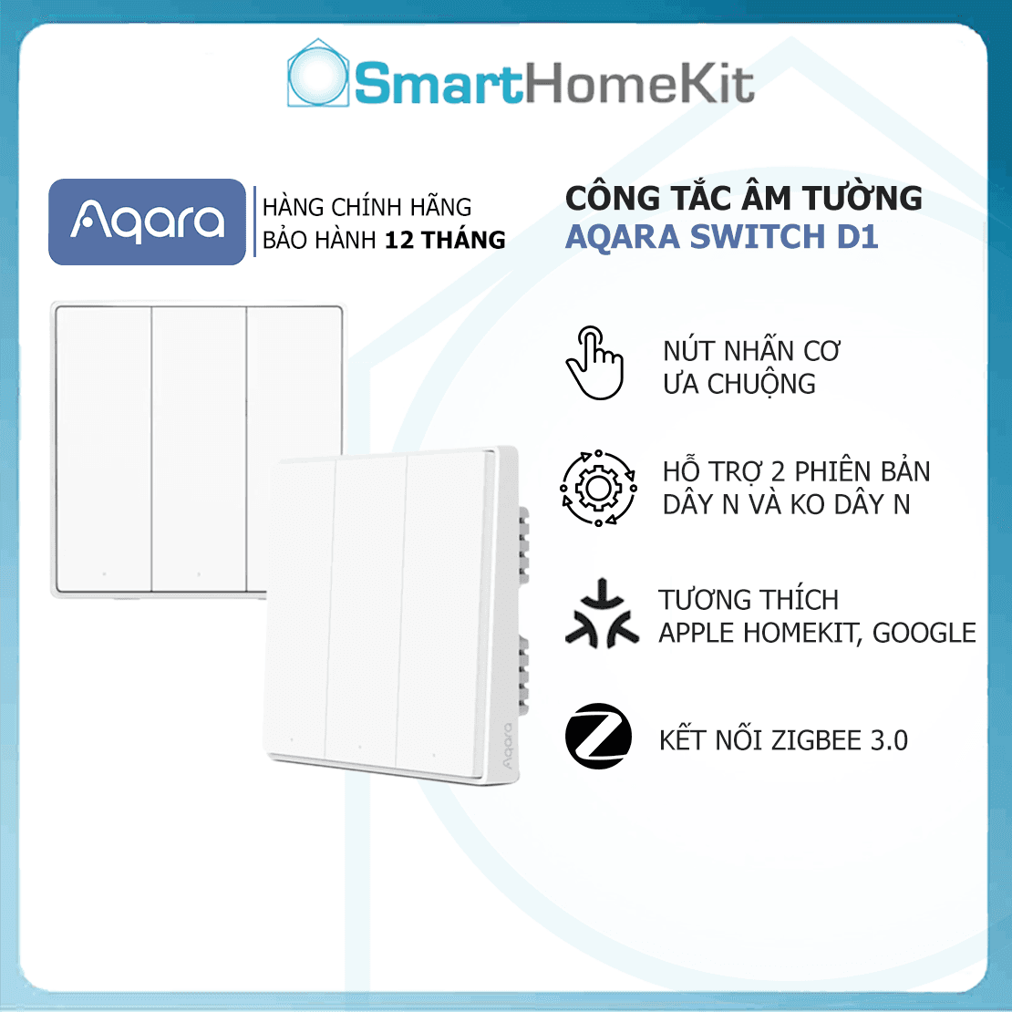 Bản Quốc Tế Công tắc thông minh Aqara D1 Smart Wall Switch 3 Nút Có dây nguội