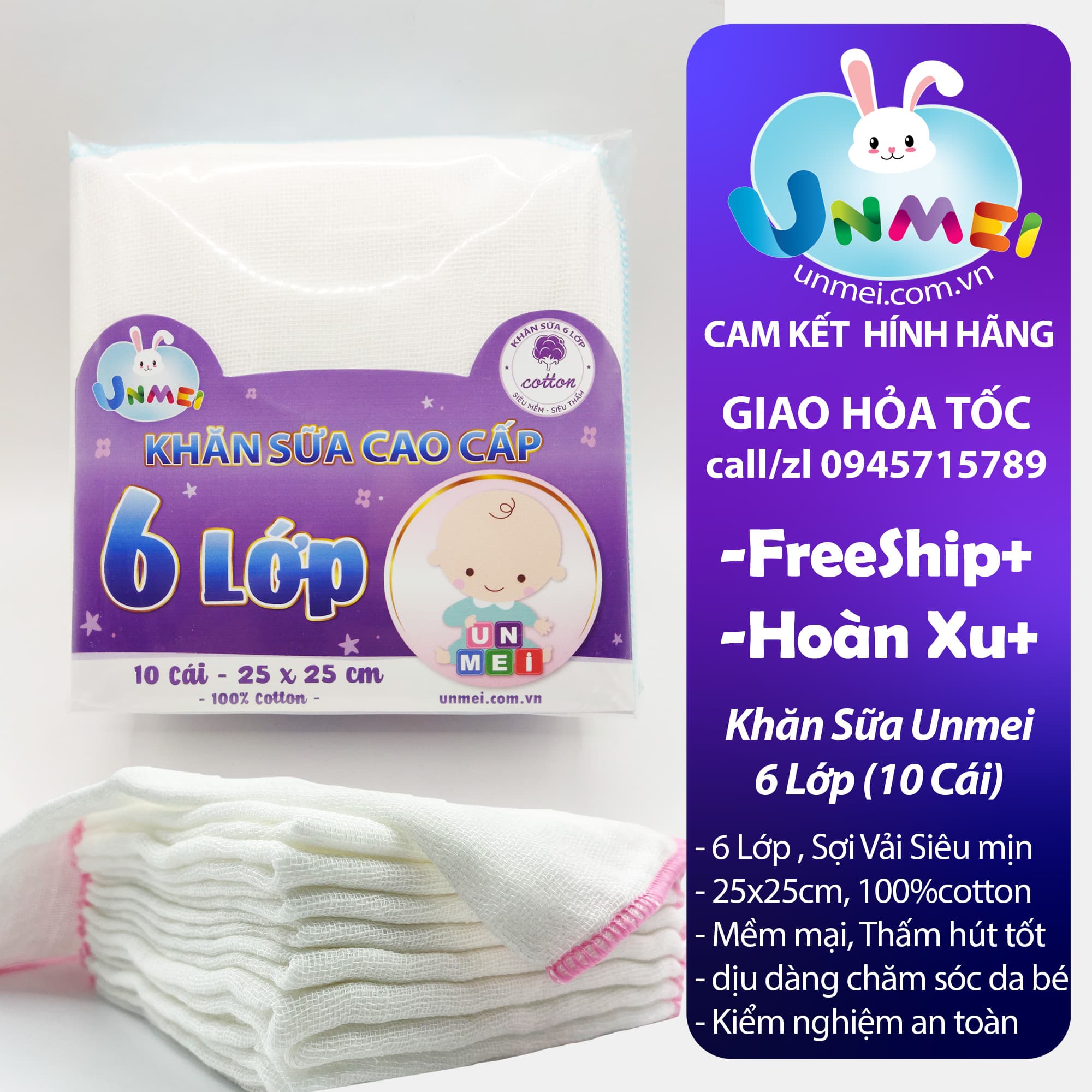 Khăn Sữa 4 Lớp Unmei Xuất Nhật Bịch 10 cái 25x25cm 100 Cotton mềm mại thấm hút tốt 6 Lớp 25x25cm