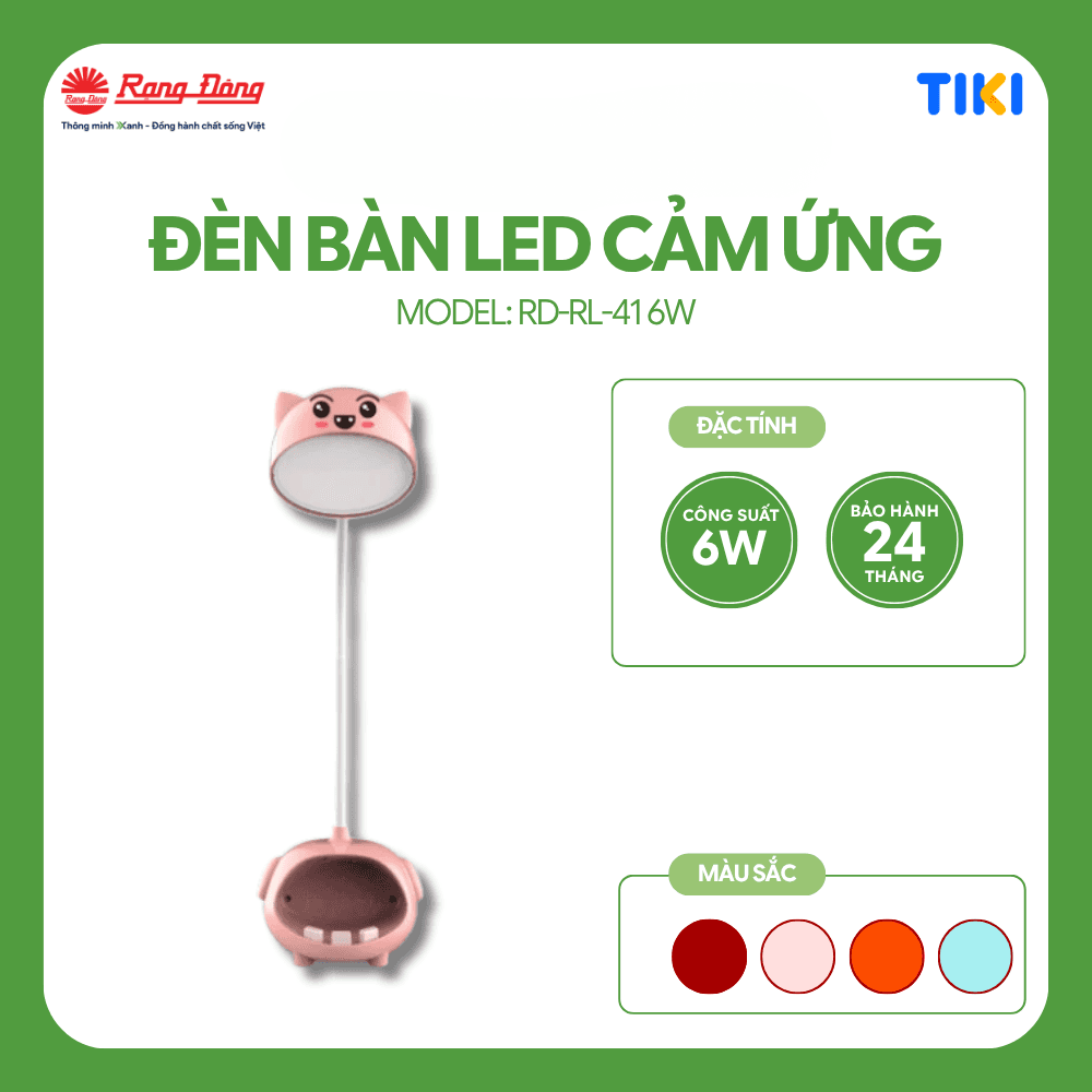 Đèn bàn cảm ứng Rạng Đông thế hệ mới công tắc cảm ứng được bố trí ở 2 bên tai của thân đèn màu sắc phong phú hình con vật ngộ nghĩnh đáng yêu Hồng