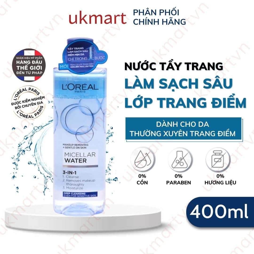 Nước Tẩy Trang LOreal Paris Cho Mọi Loại Da 3 in 1 Loreal Micellar Water Da Dầu Da Nhạy Cảm Da Khô Sạch sâu 400ml XĐậm