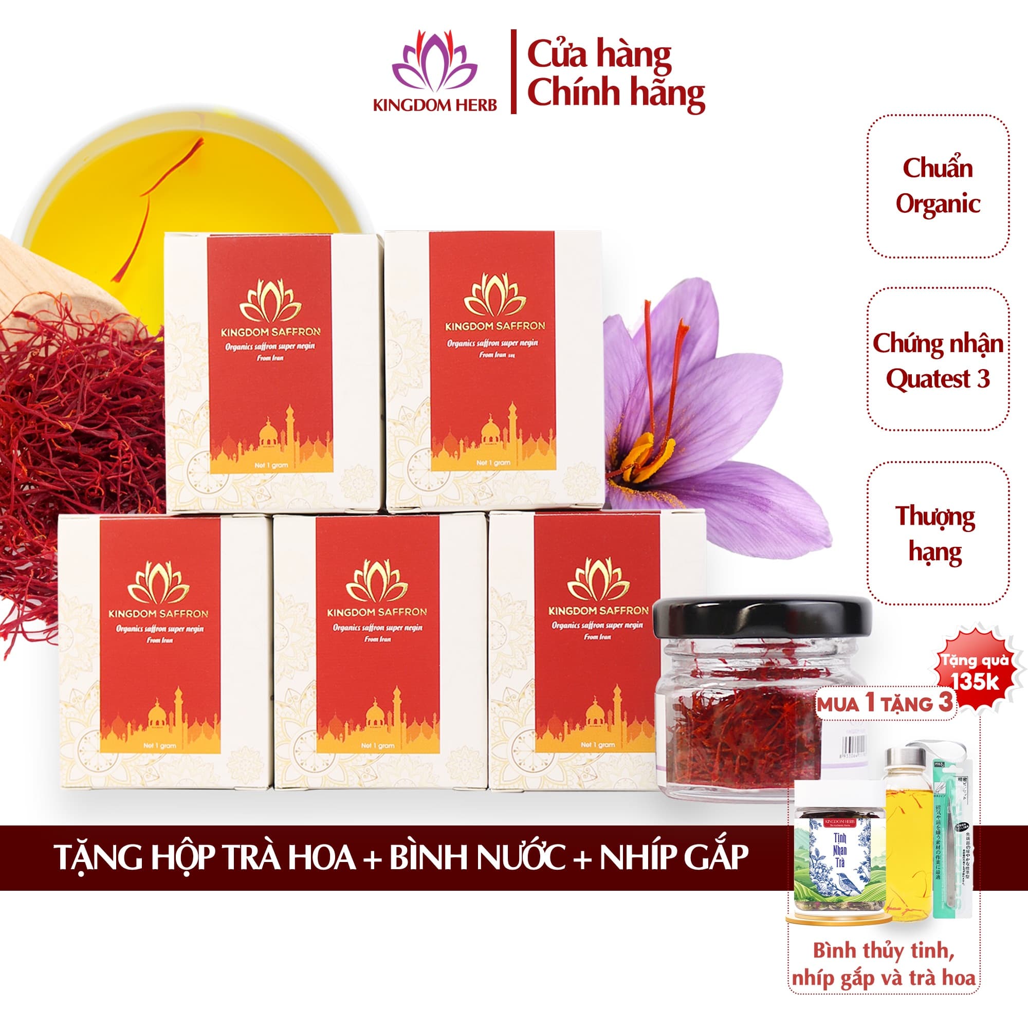 Combo 5 hộp hộp1gr nhụy hoa nghệ tây Kingdom Herb saffron Iran super negin thượng hạng Tặng trà tịnh nhan 30g bình nước và nhíp gắp