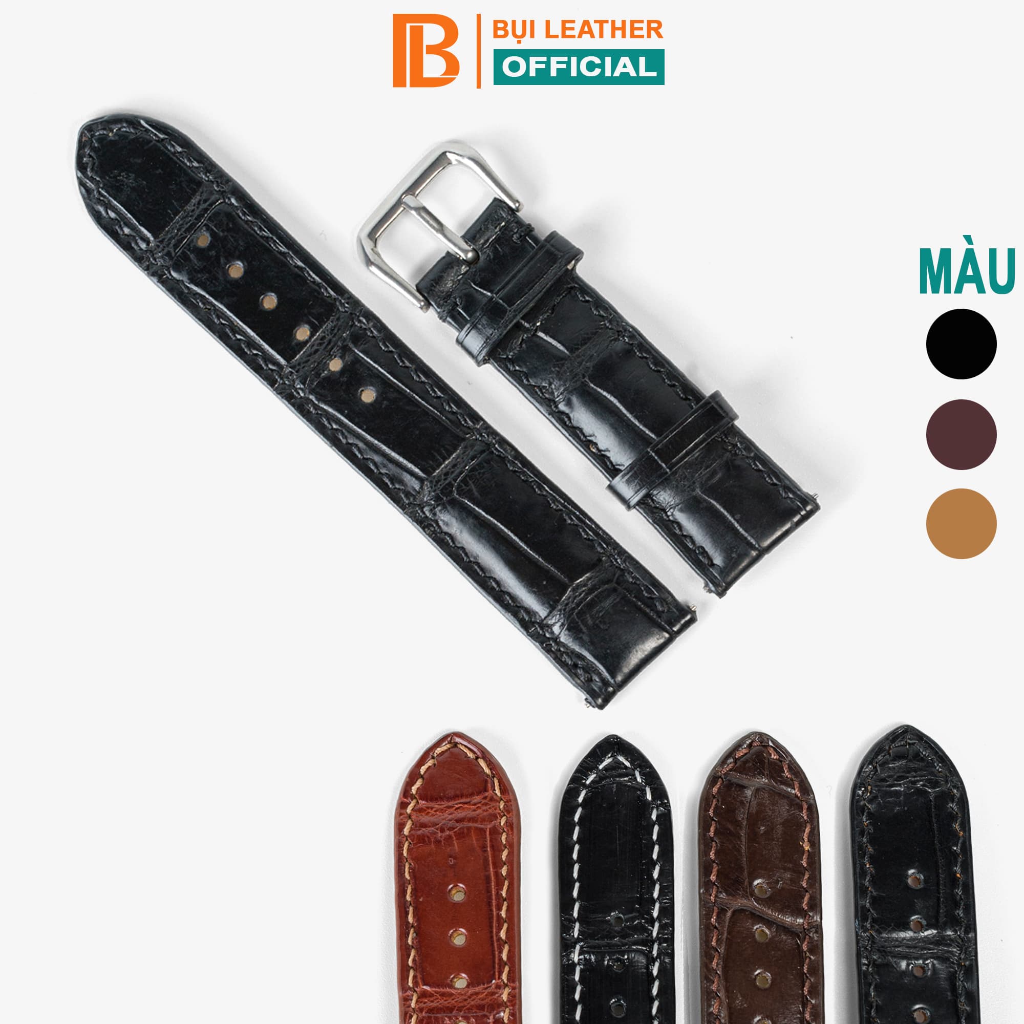 Dây đồng hồ nam da cá sấu đốt tre Bụi Leather D103 Hàng khâu tay thủ công cao cấp Đen chỉ đen 18MM