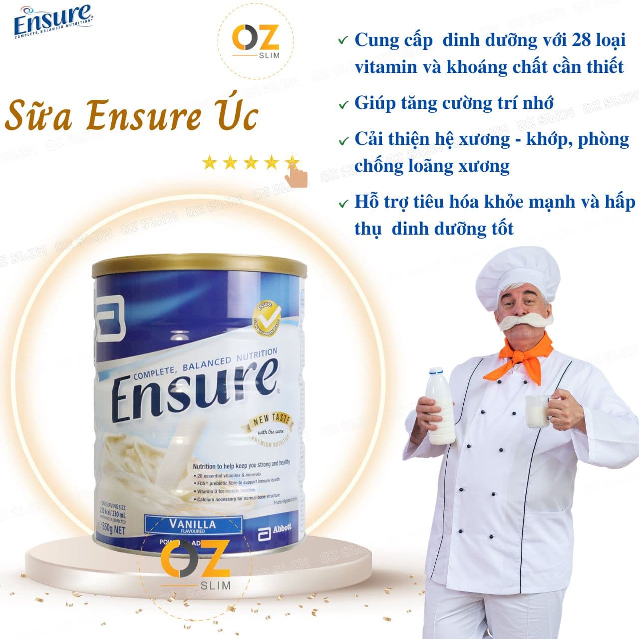 Sữa Ensure Úc cho người già gầy yếu suy dinh dưỡng người sau phẫu thuật giúp hồi phục sức khỏe 850grlon 1 hộp