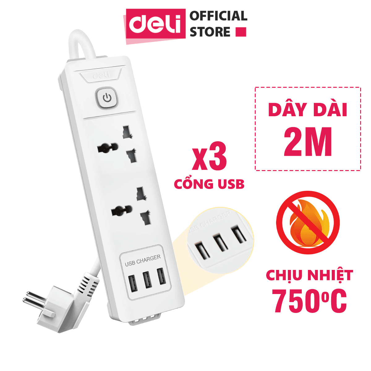 Ổ Cắm Điện Đa Năng Kèm Cổng USB Có Công Tắc Chống Giật Chống Cháy Chất Lượng Cao Deli ET407 408 2 ổ điện 3 ổ USB