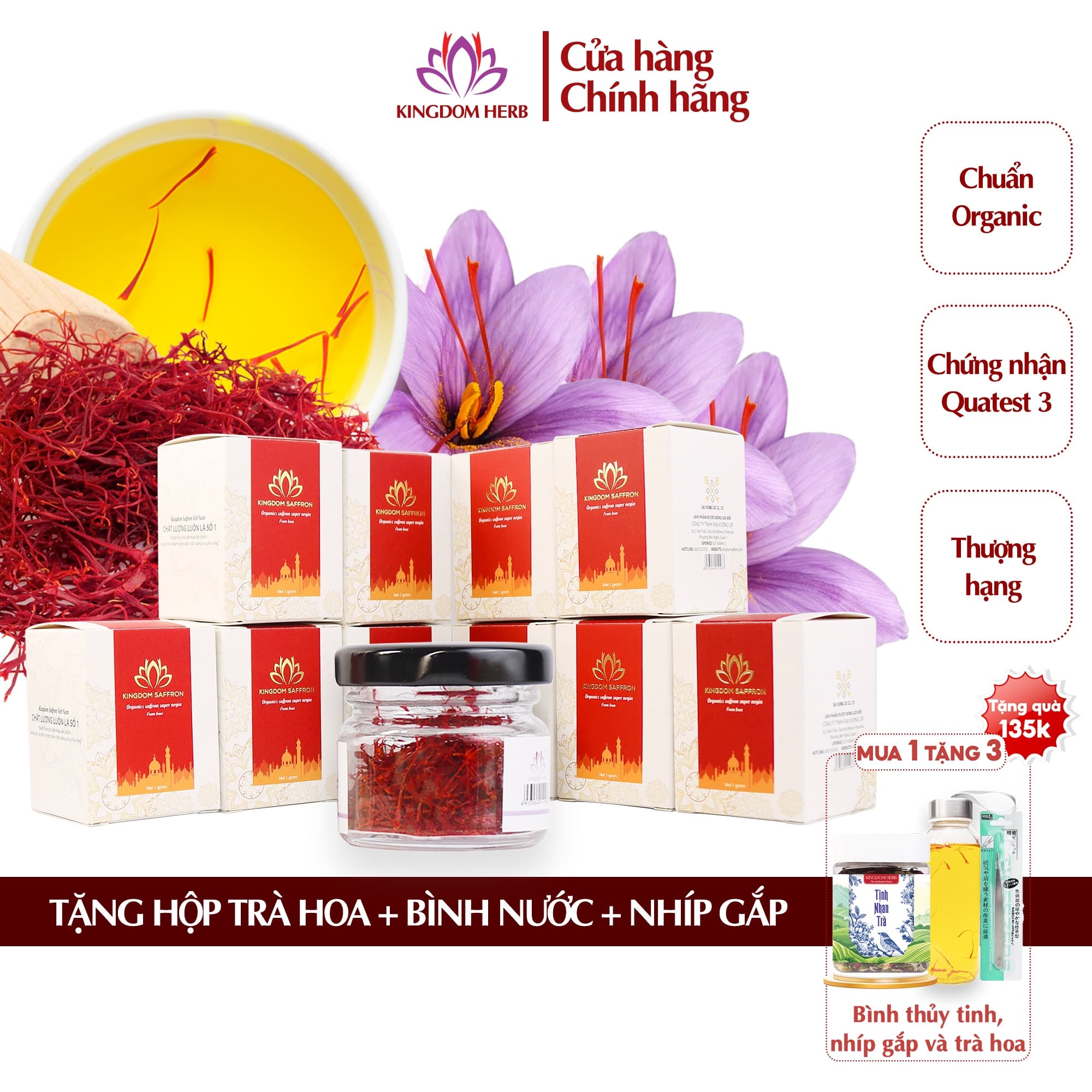 Combo 10 hộp hộp1gr saffron Kingdom Herb nhụy hoa nghệ tây Iran super negin thượng hạng Tặng trà Tịnh Nhan thượng hạng 30g bình nước và nhíp gắp