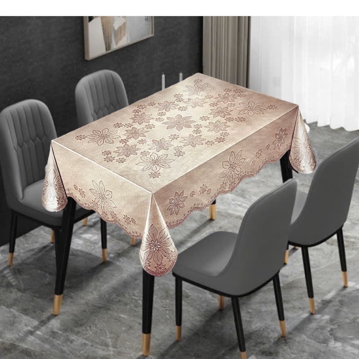 Khăn Trải Bàn PAULEE PWL 241 147cm x 230cm hoa văn nôi anh kim vang nên kem nhat nhựa PVC dẻo không thấm nước kem nhạt
