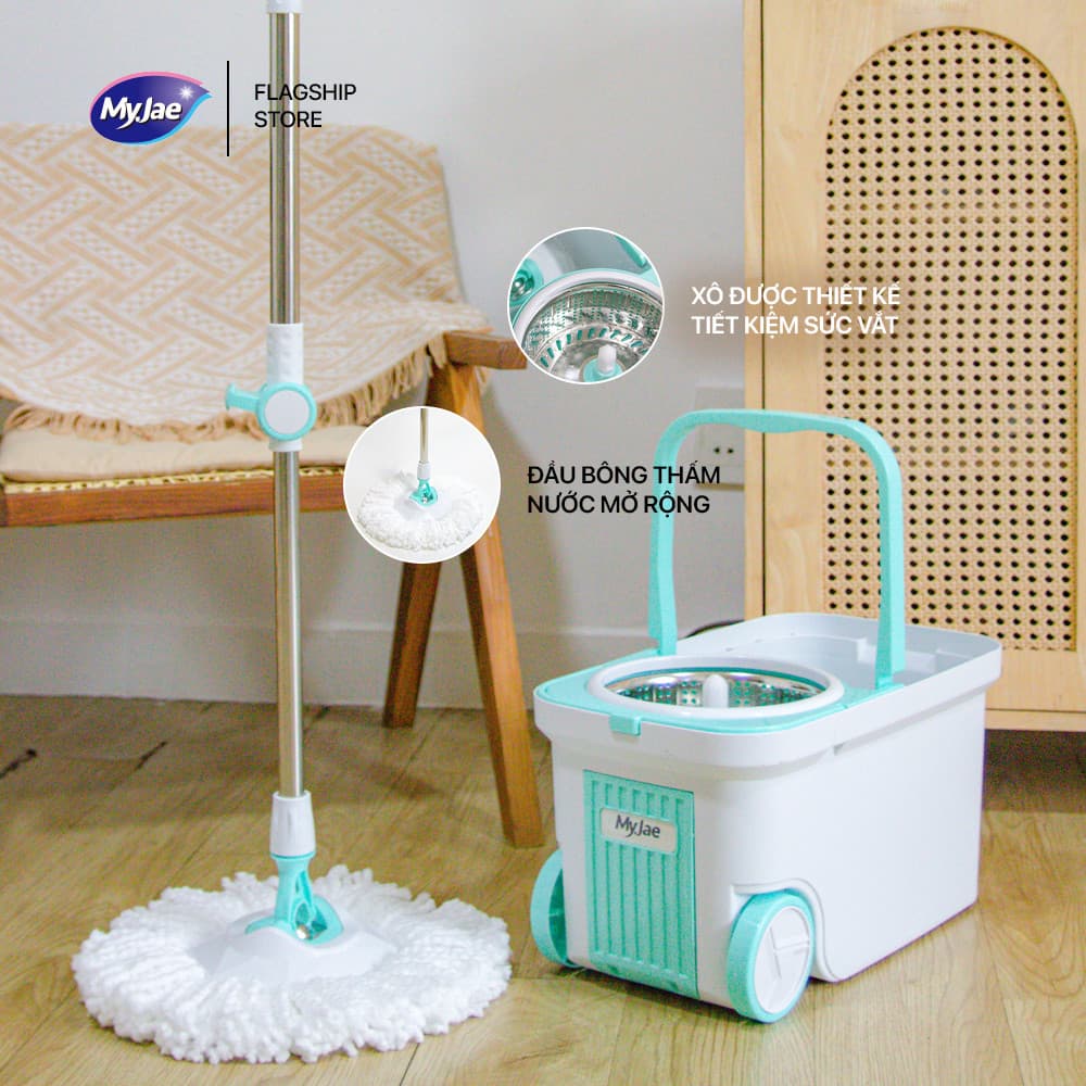 Combo 3 Bông Lau 1 Bộ Lau Nhà MyJae Đài Loan Sợi Microfiber Xoay Siêu Tốc 360 Độ Thông Minh 129.5cm