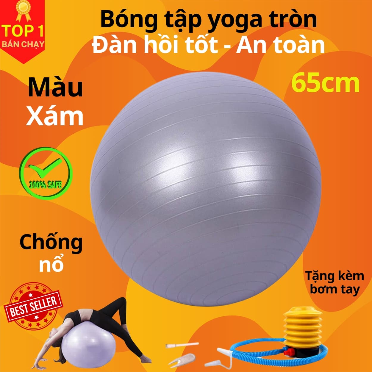Bóng Tập Yoga Bóng Yoga Tròn Cỡ Đại 65cm Cao Cấp Hàng nhập khẩu Xám bạc