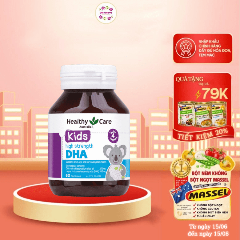 DHA cho bé từ 4 tháng 12 tuổi Healthy Care Kids High Strength Úc Giúp trẻ phát triển trí tuệ thông minh mắt sáng khỏe QuaTangMe Extaste