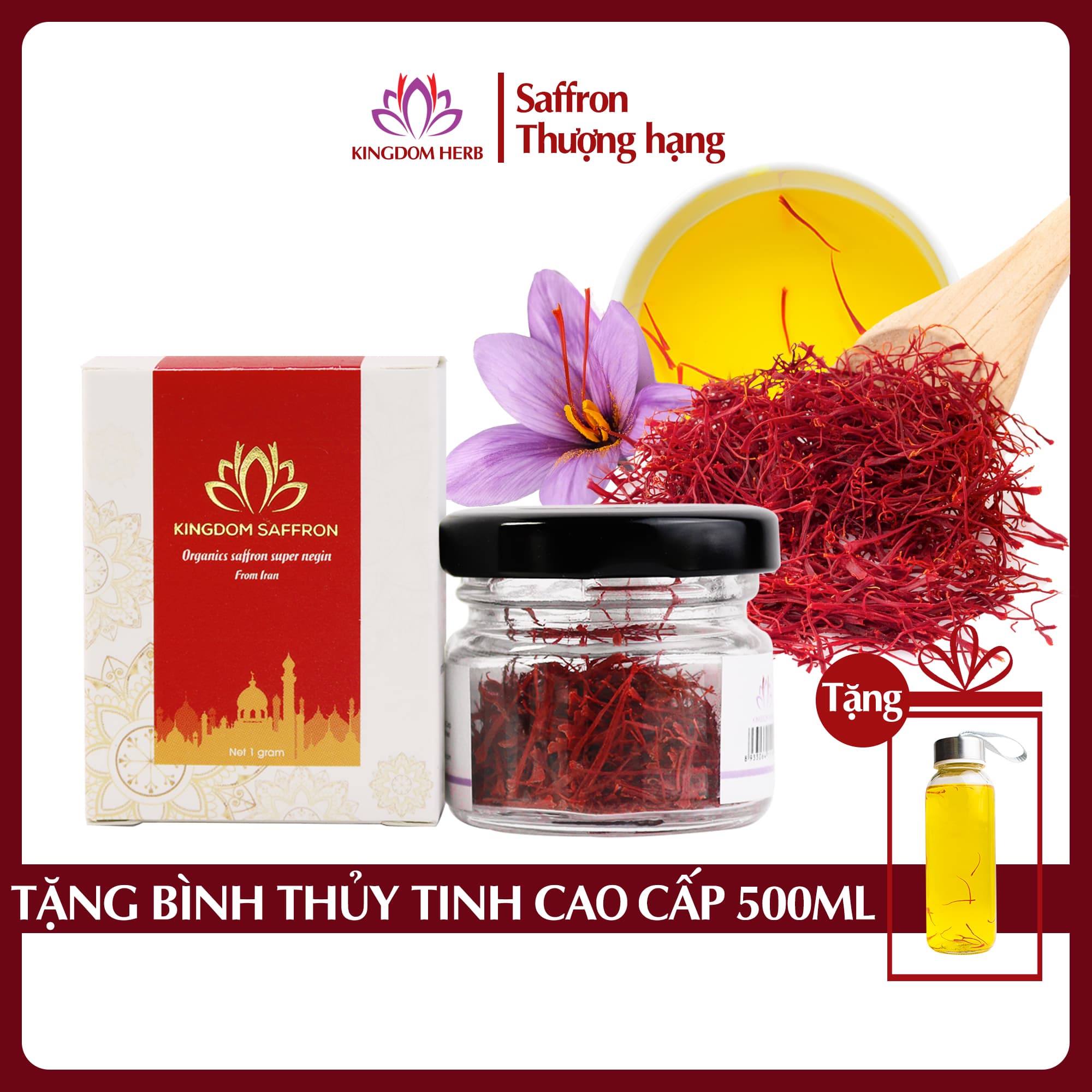 Nhụy hoa nghệ tây saffron Kingdom Herb loại super negin thượng hạng hộp 1 gram tặng bình thuỷ tinh cao cấp