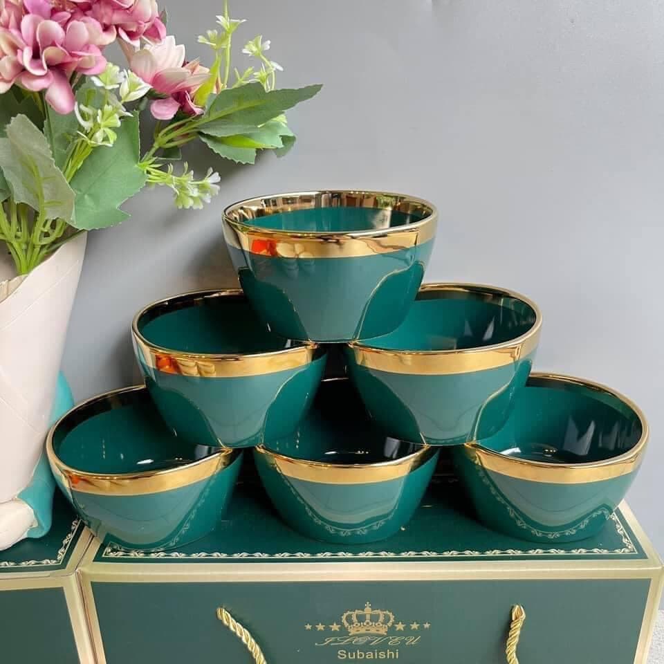 Bộ 6 Bát Sứ Màu Xanh Trắng Viền Mạ Vàng Cao Cấp Tặng Kèm Đũa Phong Cách Nhật MINIIN Xanh