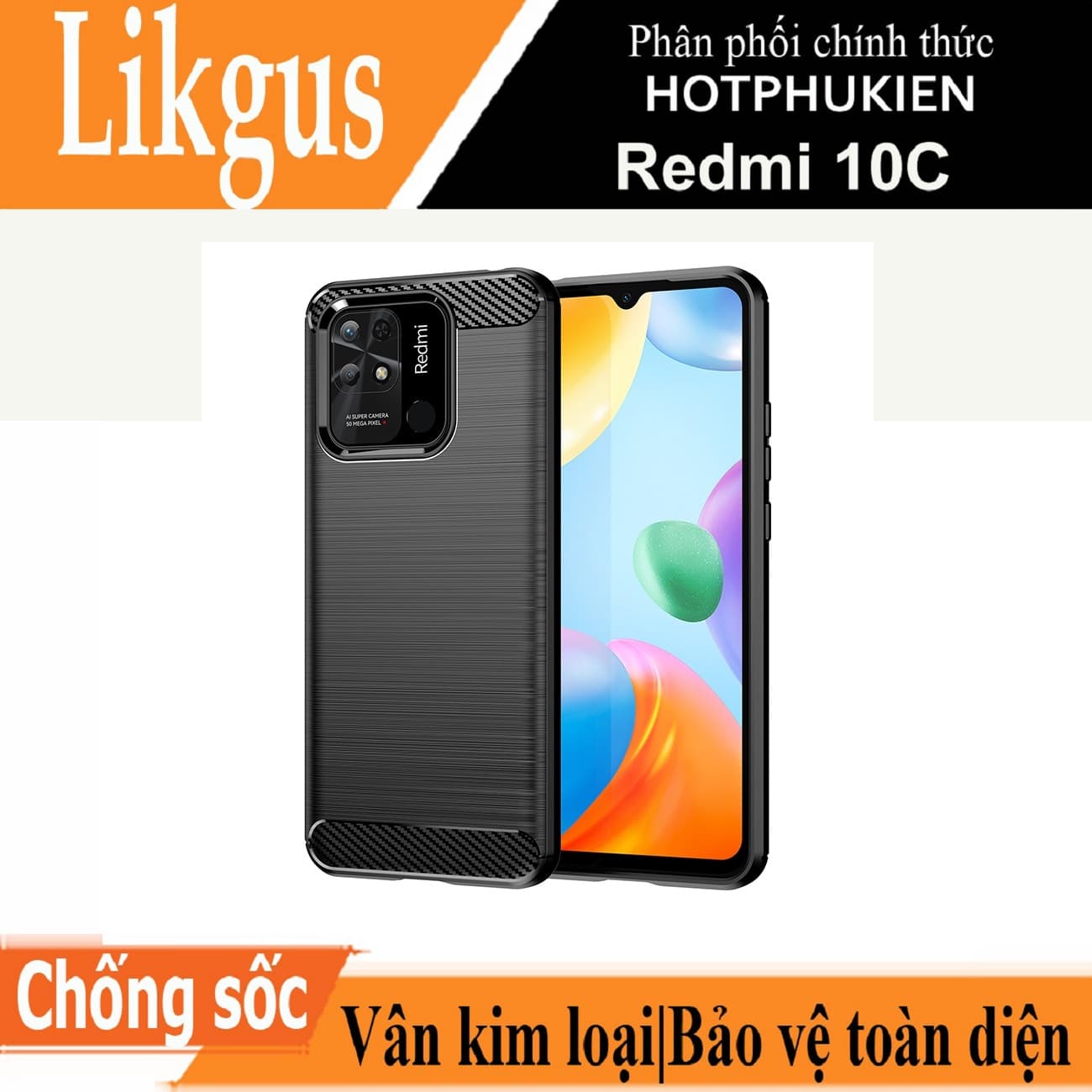 Ốp lưng chống sốc vân kim loại cho Xiaomi Redmi 10C hiệu Likgus bảo vệ toàn diện chống va đập hàng nhập khẩu