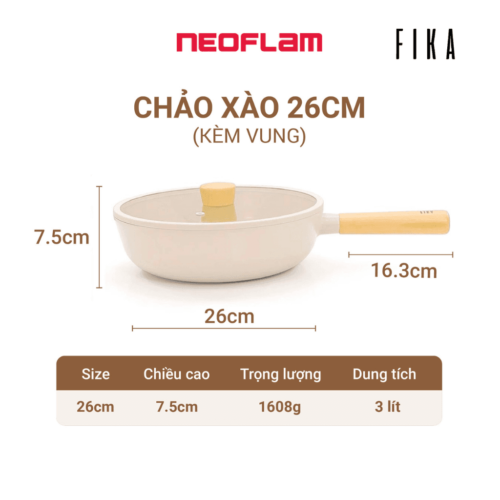 Chảo xào sâu Neoflam Fika 26cm sâu lòng 7 5cm cán dài 17cm trọng lượng 941g. Hàng có sẵn giao ngay. Made in Korea