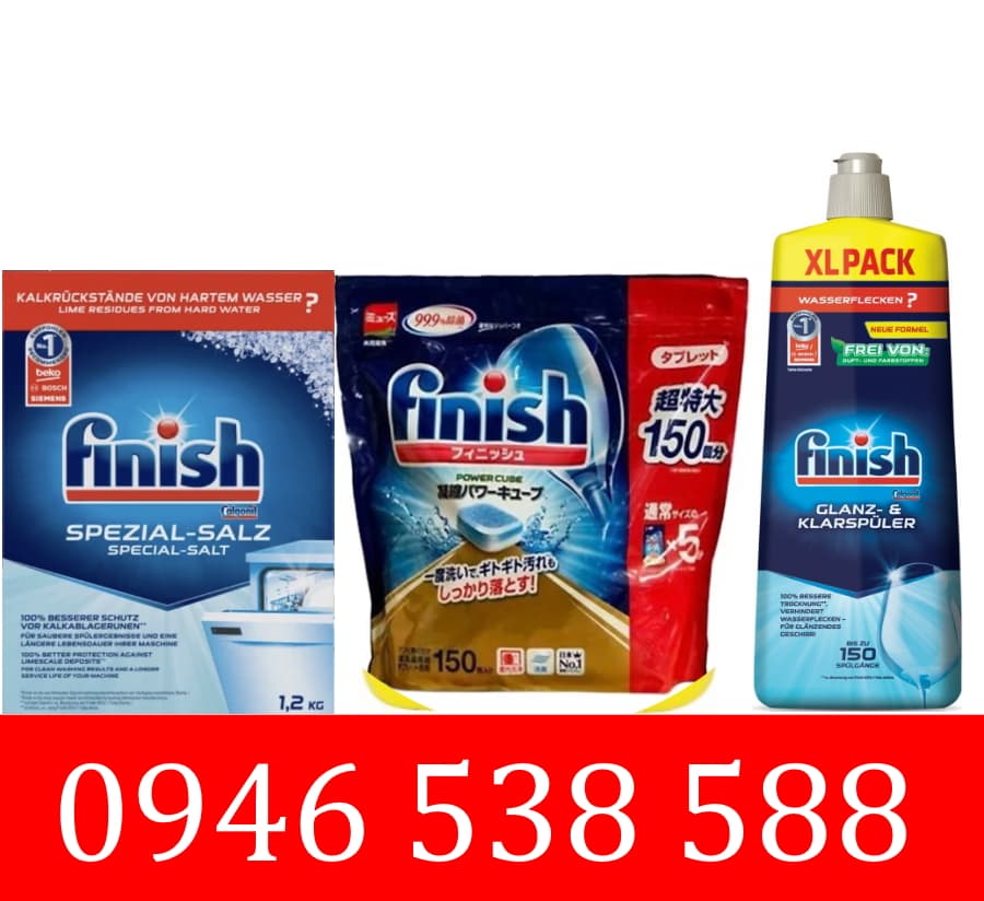 Combo Viên rửa bát Finish 150 viên Muối rửa bát chén Finish 1.2kg Nước làm bóng bát Finish 750ml dùng cho máy rửa bát chén nhật bản japan loại nhỏ Combo viênmuốibóng