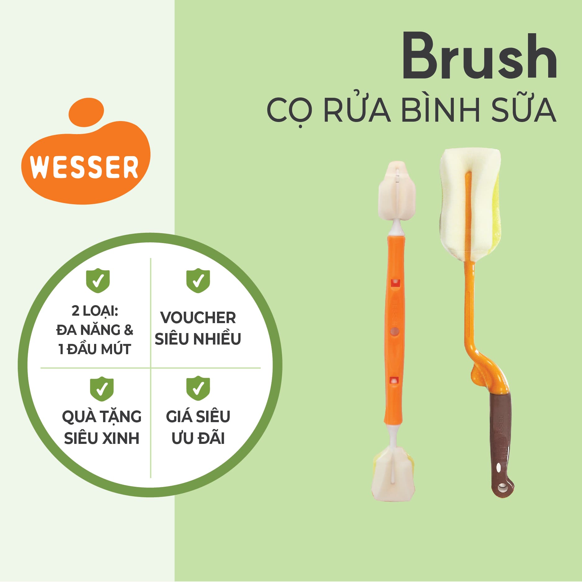 Dụng cụ vệ sinh bình sữa Wesser MÀU CAM Vệ sinh bình sữa đa năng