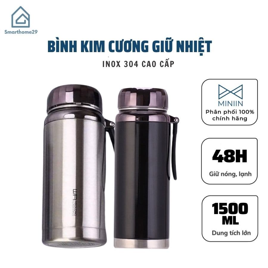Bình Giữ Nhiệt Kim Cương Inox 304 Chống Rỉ Set Nắp Đậy Chặt Giữ Nhiệt Nóng Lạnh Tốt 6 8h Quai Đeo Chắc Chắn Thiết Kế Sang Trọng Màu Sắc Thanh Lịch Tiện Lợi Pha Lọc Trà MINIIN 1500ml