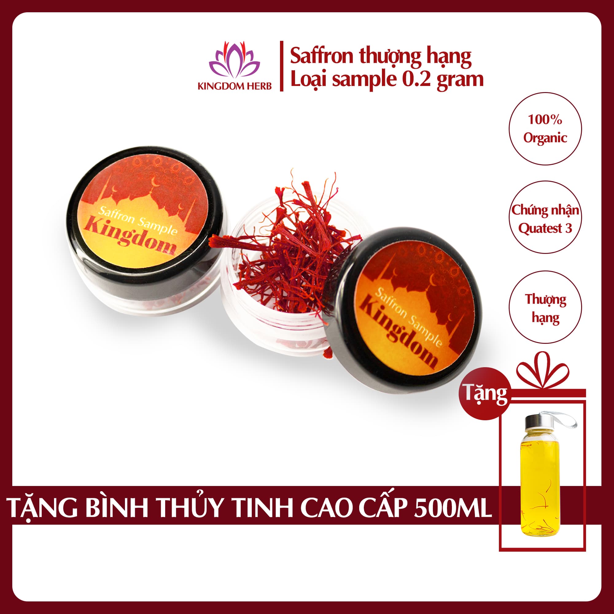 Saffron Kingdom Herb nhụy hoa nghệ tây Iran hộp 0.2 gram super negin thượng hạng Tặng bình nước thủy tinh